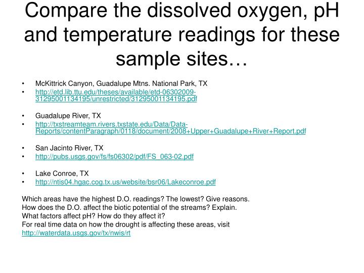 compare the dissolved oxygen ph and temperature readings for these sample sites