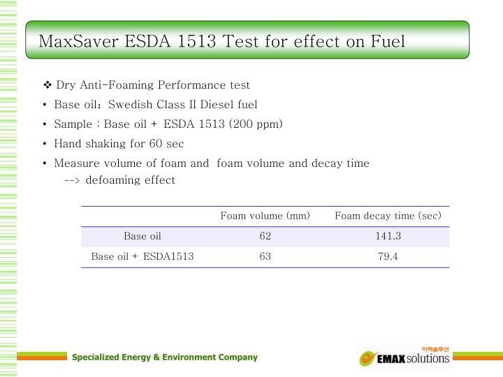 maxsaver esda 1513 test for effect on fuel