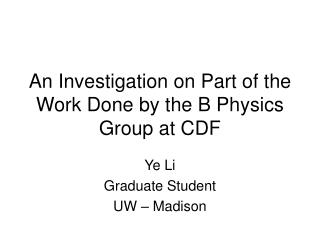 An Investigation on Part of the Work Done by the B Physics Group at CDF