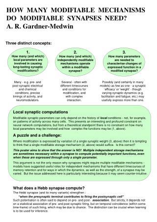 HOW MANY MODIFIABLE MECHANISMS DO MODIFIABLE SYNAPSES NEED? A. R. Gardner-Medwin