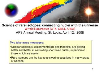Science of rare isotopes: connecting nuclei with the universe Witold Nazarewicz (UTK, ORNL, UWS)