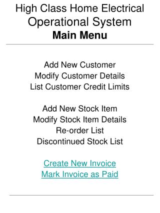 High Class Home Electrical Operational System Main Menu
