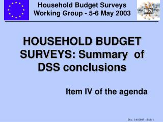 HOUSEHOLD BUDGET SURVEYS: Summary of DSS conclusions Item IV of the agenda