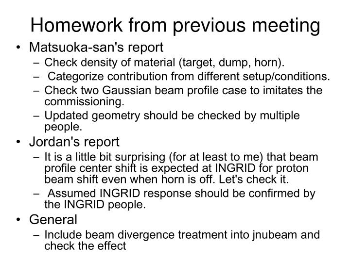 homework from previous meeting
