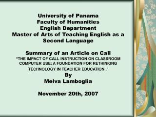 University of Panama Faculty of Humanities English Department