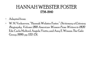 HANNAH WEBSTER FOSTER 1758-1840