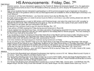 HS Announcements: Friday, Dec. 7 th