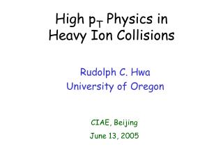 High p T Physics in Heavy Ion Collisions