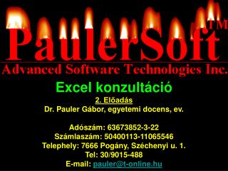 Excel konzultáció 2. Előadás Dr. Pauler Gá bor , egyetemi docens, ev. Adószám: 63673852-3-22