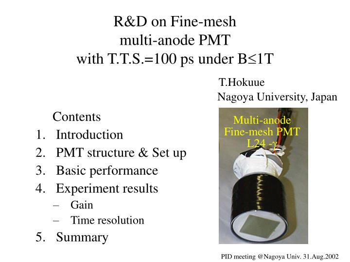 r d on fine mesh multi anode pmt with t t s 100 ps under b 1t