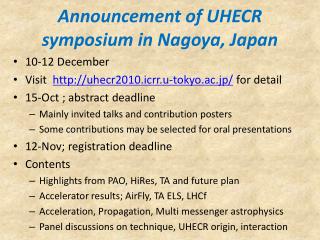 Announcement of UHECR symposium in Nagoya, Japan