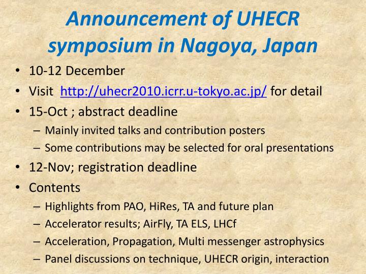 announcement of uhecr symposium in nagoya japan