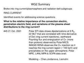 WG2 Summary Broke into ring current/plasmasphere and radiation-belt subgroups RING CURRENT