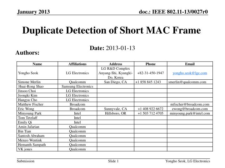 duplicate detection of short mac frame