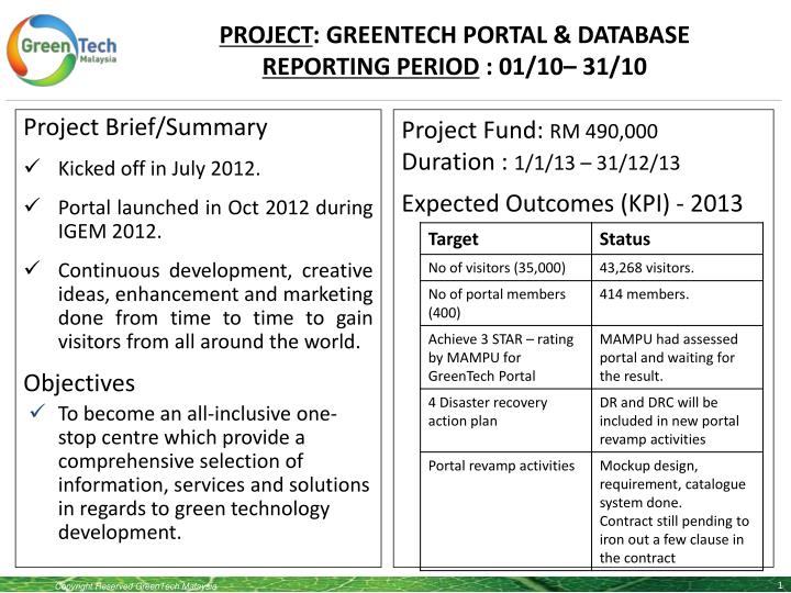 project greentech portal database reporting period 01 10 31 10
