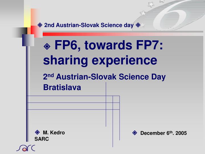 fp6 towards fp7 sharing experience 2 nd austrian slovak science day bratislava