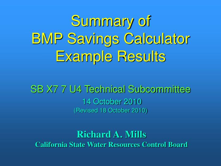 summary of bmp savings calculator example results