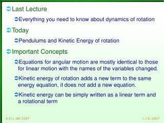 Last Lecture Everything you need to know about dynamics of rotation Today