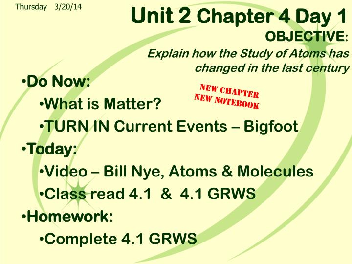 unit 2 chapter 4 day 1 objective explain how the study of atoms has changed in the last century