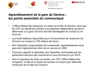 Agrandissement de la gare de Genève : les points essentiels du communiqué