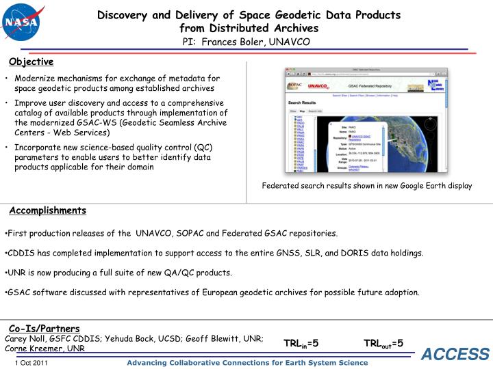 discovery and delivery of space geodetic data products from distributed archives