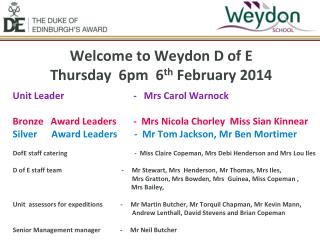 Welcome to Weydon D of E Thursday 6pm 6 th February 2014