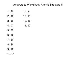 Answers to Worksheet, Atomic Structure II