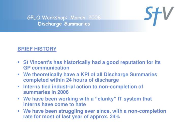 gplo workshop march 2008 discharge summaries