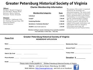 Greater Petersburg Historical Society of Virginia Charter Membership Information