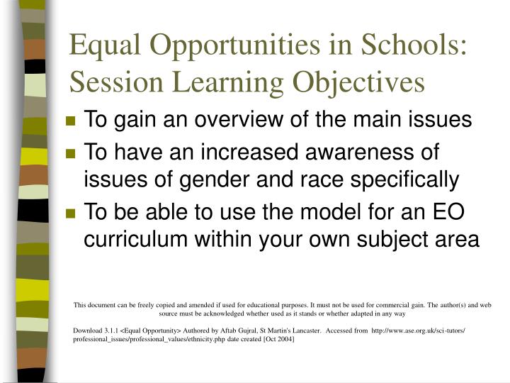 equal opportunities in schools session learning objectives