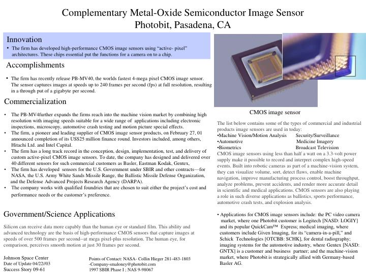 complementary metal oxide semiconductor image sensor photobit pasadena ca