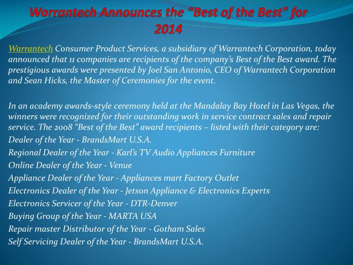 warrantech announces the best of the best for 2014