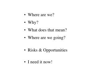 Where are we? Why? What does that mean? Where are we going? Risks &amp; Opportunities I need it now!