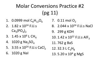 Molar Conversions Practice #2 ( pg 11)