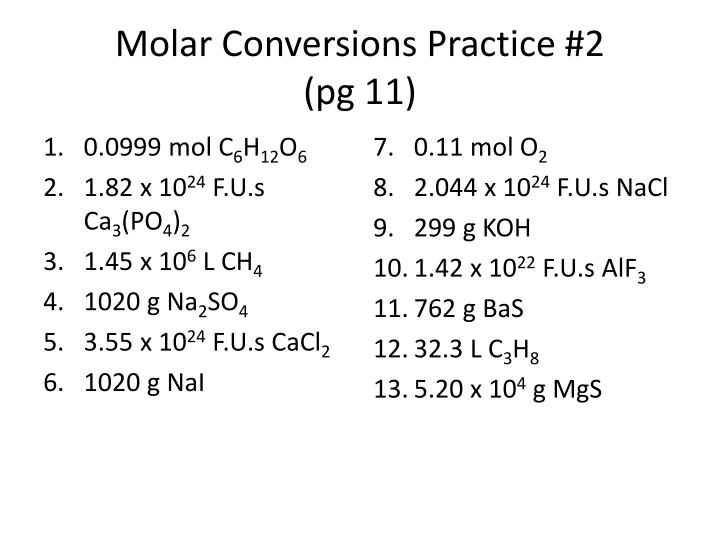 molar conversions practice 2 pg 11