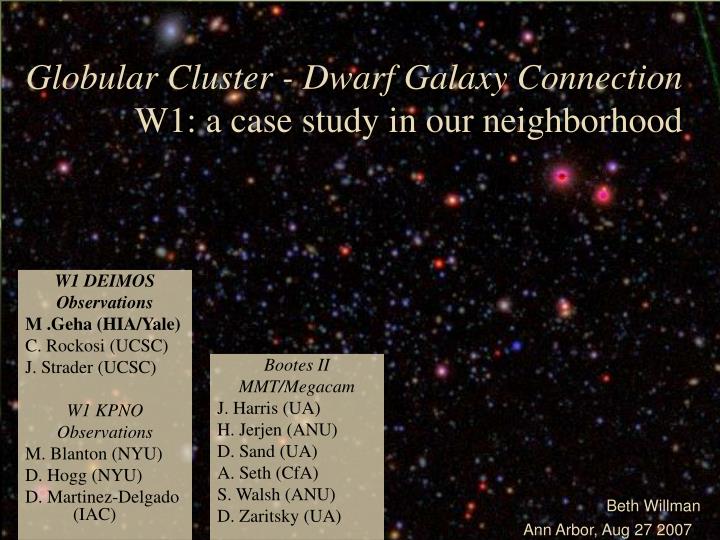 globular cluster dwarf galaxy connection w1 a case study in our neighborhood