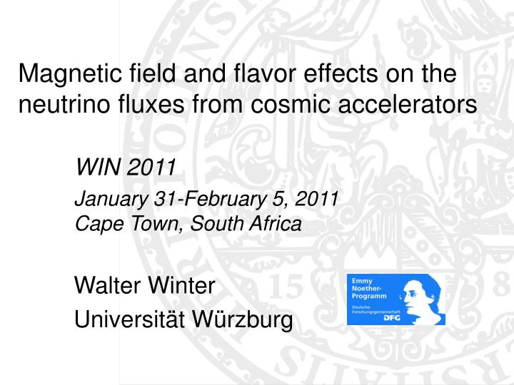 magnetic field and flavor effects on the neutrino fluxes from cosmic accelerators