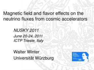 Magnetic field and flavor effects on the neutrino fluxes from cosmic accelerators