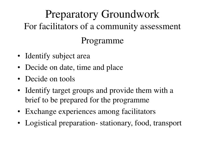 preparatory groundwork for facilitators of a community assessment programme