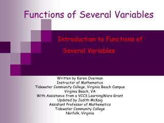 Functions of Several Variables Introduction to Functions of Several Variables