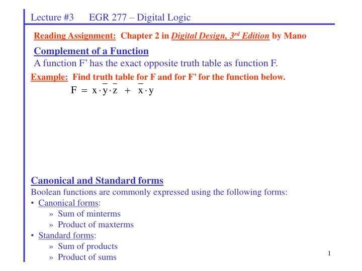 complement of a function a function f has the exact opposite truth table as function f